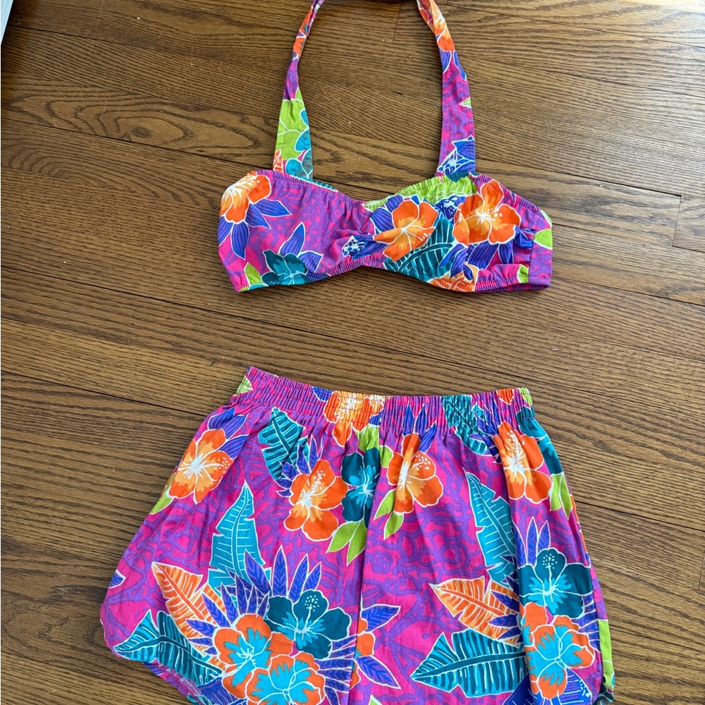 High Waist Pink and Orange Floral Shorts and top